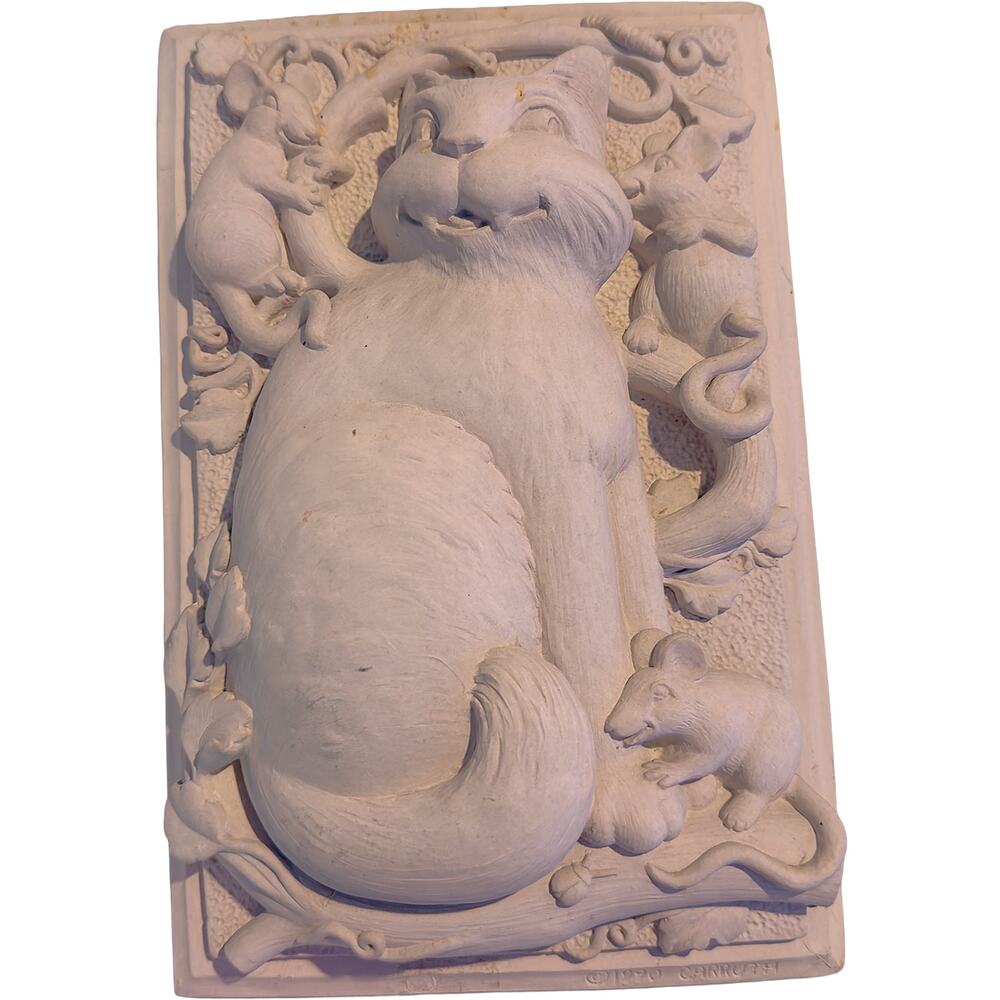 Carruth Studio Vintage Large 10" x 7" Hand-Sculpted Stone Cat Plaque Wall Decor